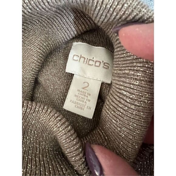 Chico's Sweater Womens Size 2 Large Gold Turtleneck Metallic Shimmer Pullover - Picture 3 of 10